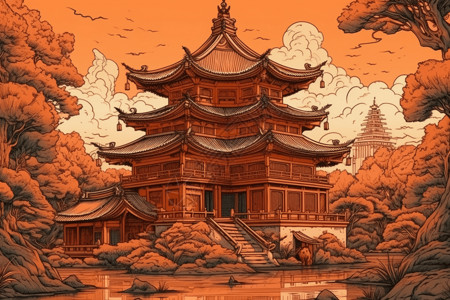 悬挑橙色色调的中国寺庙插画