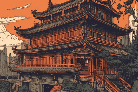 发现一座城市的优雅橙色色调的中国悬挑建筑插画