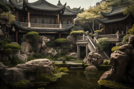中国古代江南地区庭院背景图片