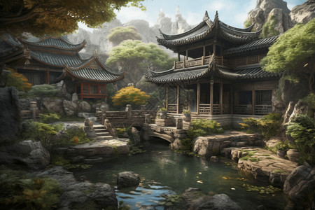 庭院水景中国古代建筑插画