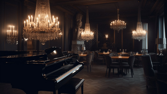 水晶钢琴精致的音乐主题餐厅配有水晶吊灯背景