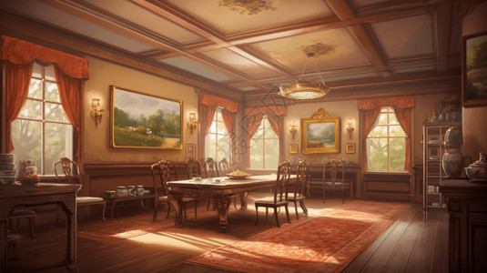 茶室茶桌温暖色彩的传统茶室的绘画插画
