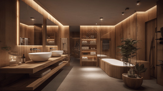 天然材料酒店浴室有舒缓照明的水疗氛围设计图片