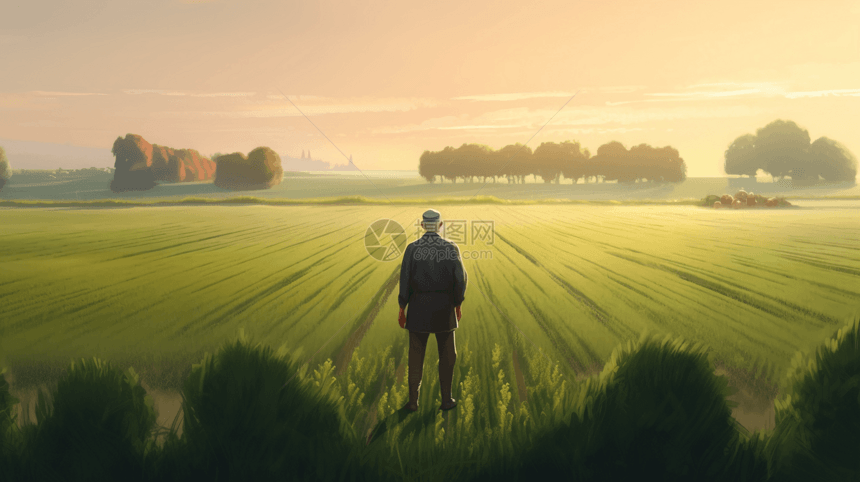 一个农民站在田野尽头图片