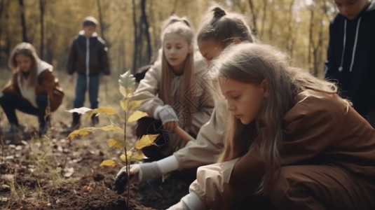 保护环境的孩子一群小学生植树背景