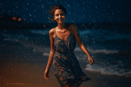 晚上的雷雨中潇洒的女人图片背景图片