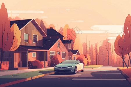 安静汽车自动驾驶汽车在安静的郊区街道的平面插图插画