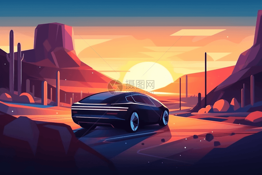 具有未来感的自动驾驶汽车的落日平面插画图片