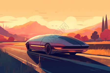 穿过乡村的动车未来感的自动驾驶汽车插画插画