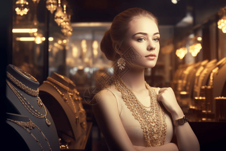 黄金光线佩戴珠宝的美丽女性模特样式图背景