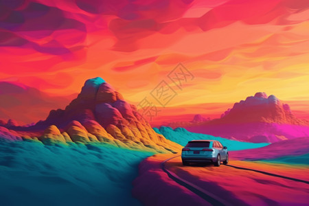 一辆楔形汽车驶过色彩缤纷的风景高清图片