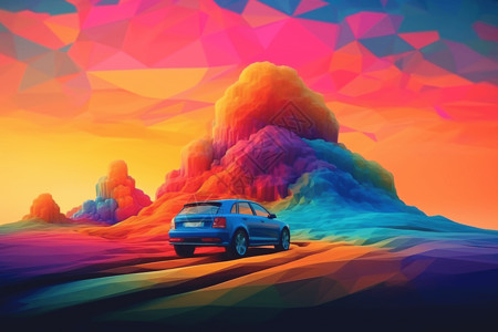 楔形汽车驶过色彩缤纷的风景高清图片