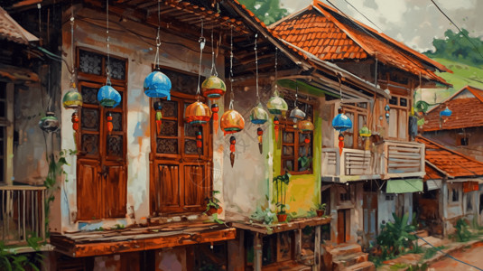 彩色瓷砖挂着彩色风铃的房屋插画