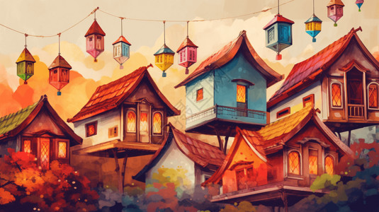 建筑挂灯笼房子油画挂风铃的小镇插画