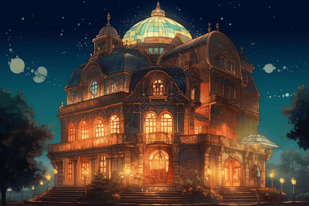 夜空下神奇的音乐厅背景图片