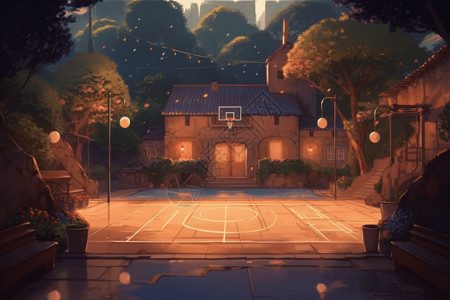 篮球场夜景院子里的篮球场插画