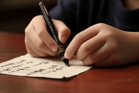 小鲜肉艺术字青年学生用笔在小纸片上练习书法设计图片