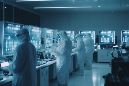 洁净室无菌工人穿着实验室外套在工作背景