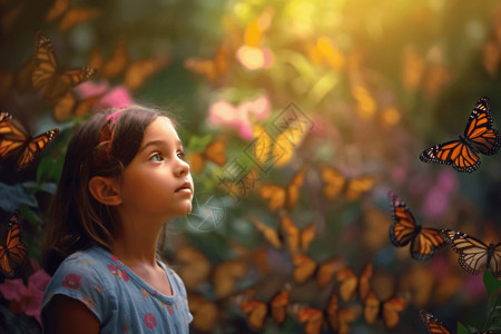 蝴蝶花园中的女孩背景图片