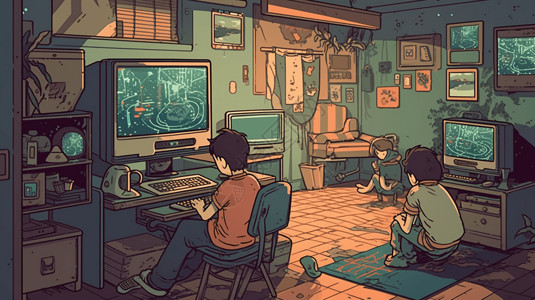 电脑游戏卡通打游戏的男孩们插画
