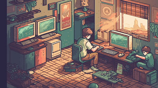 電玩男生在宿舍玩电脑游戏插画