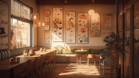 咖啡馆室内设计配有木质镶板柔软的座椅和一堵有趣的插图墙奶茶店设计图片