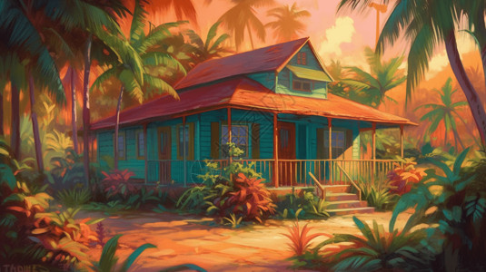 热带雨林景观坐落在热带雨林的小屋插画