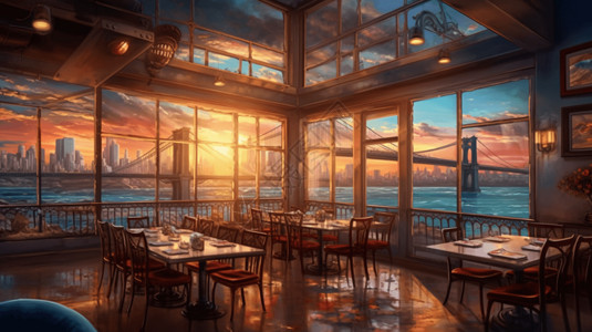 室内设计餐厅壮丽的城市景观餐厅画插画