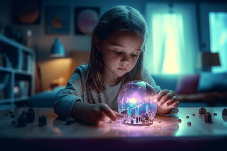气泡技术孩子手握着玻璃球的超现实和梦幻般配图背景