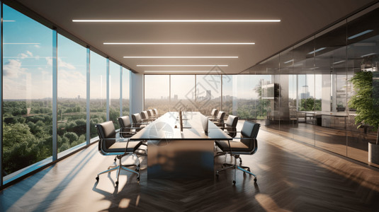 长条桌透明玻璃落地窗的会议室效果图设计图片
