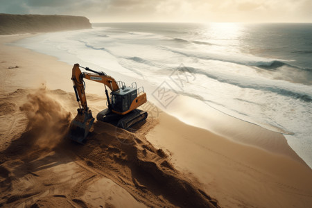 海滩边一辆挖掘机工程车在施工图片