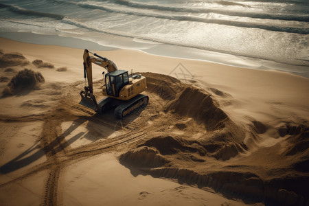 柔和温暖的光线下海滩边一辆挖掘机工程车在施工图片