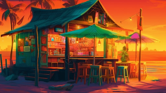 小书店黄昏下的海滩酒吧插画