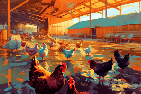 养鸡场油画给鸡喂食高清图片