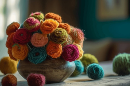 工艺品毛线摆件毡制羊毛花的静物背景