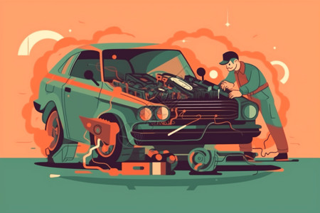 绿色复古车汽车修理工检查车辆插画