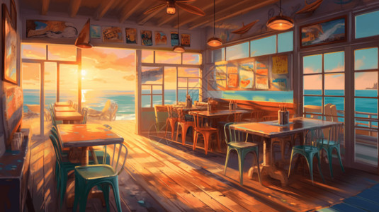 海滩餐厅高级海边餐厅油画插画