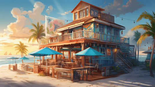 海滩餐厅独栋别墅油画插画