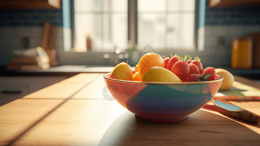 木制台面上的水果碗背景图片