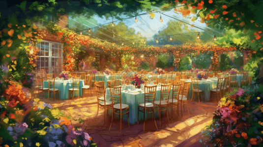 花园餐桌婚宴场地绘画插画