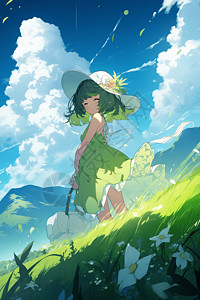 草地上女孩子绿色裙子的女孩子插画