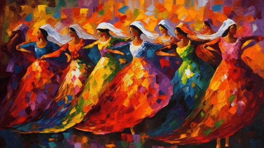 油画舞蹈色彩缤纷的女孩在一群跳舞插画