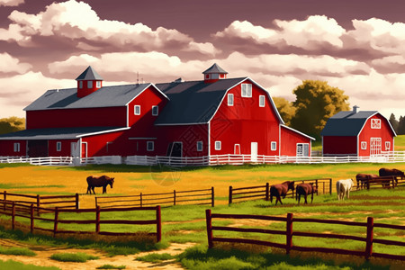 农场的仓谷红色马场高清图片