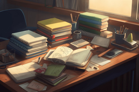 整齐办公桌堆满书的办公桌插画