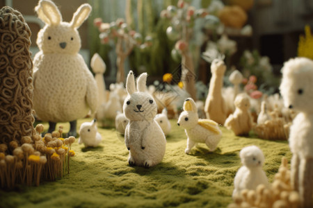 森林小灰兔去卡通在草地上羊毛毡动物背景