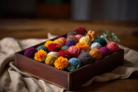 彩色木盒木盒里的羊毛毡花背景