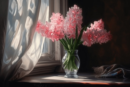 窗边桌上粉红色花束图片