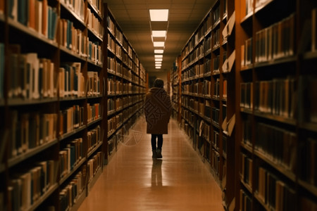 图书馆学生漫步在书堆中图片