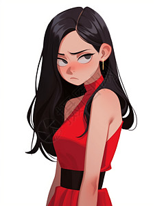 欧美黑色素材穿红色连衣裙的女孩插画