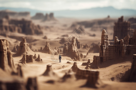 荒凉戈壁在荒漠中行走的小人插画